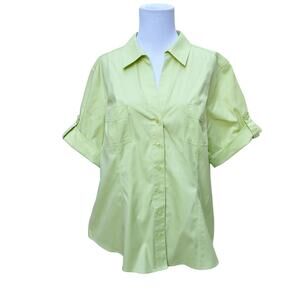 Chico's Yellow Green No Iron Button Down Short Sleeve Shirt Roll Tab Chicos 3 XL